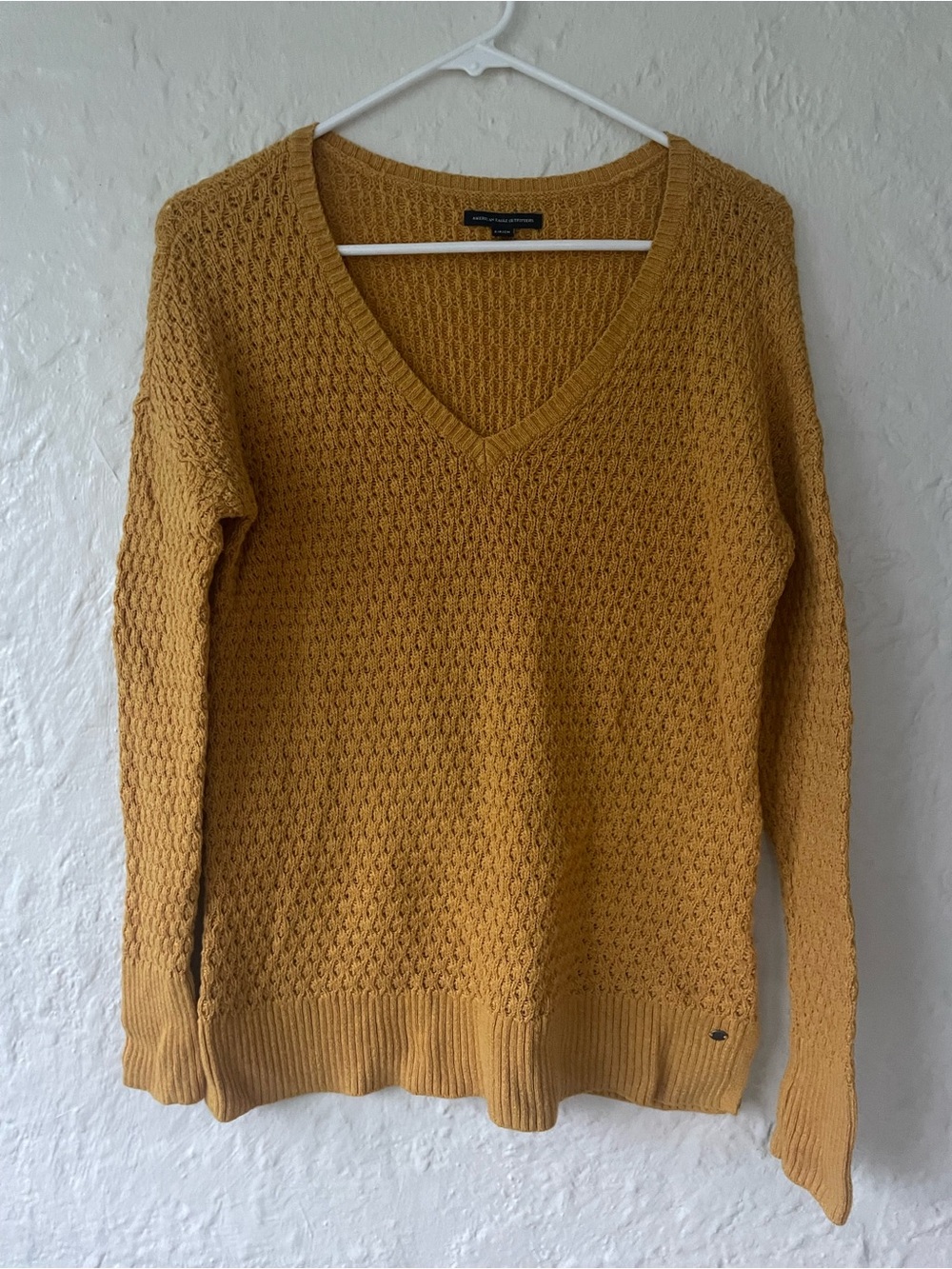 American Eagle mustard vneck long sleeve cable knit pullover sweater; S